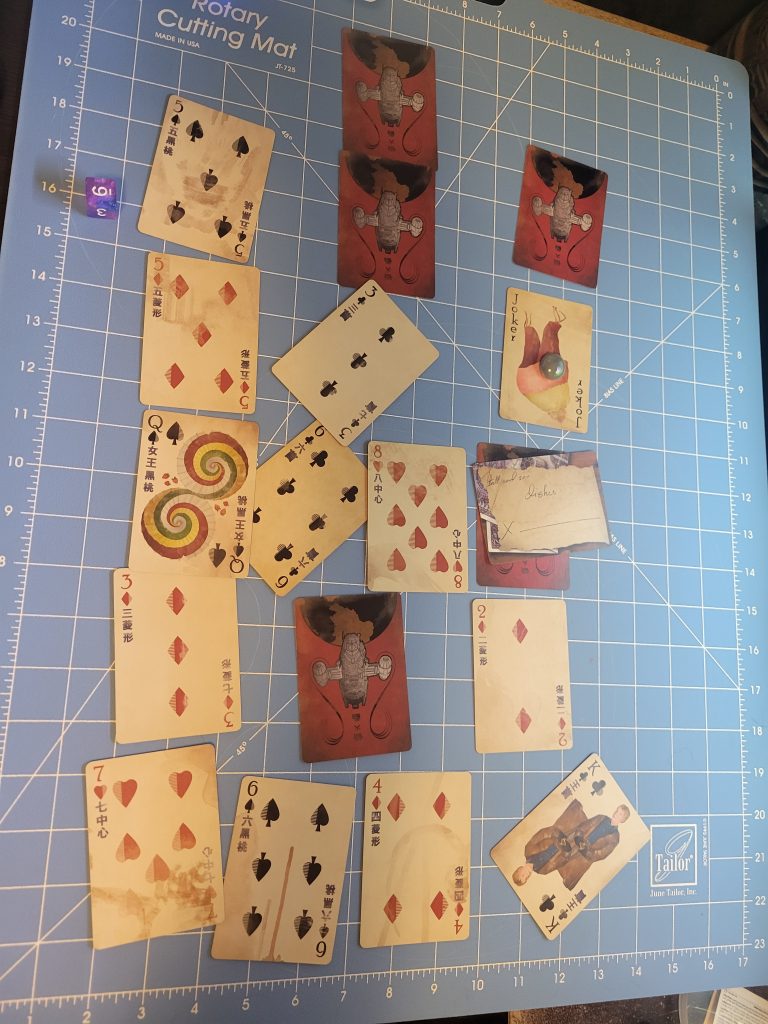 Mostly explored ship map made from playing cards.